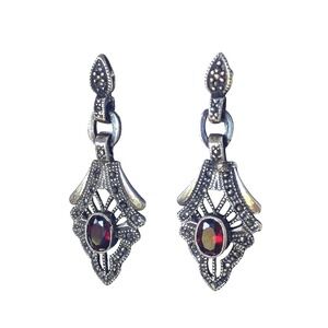 Vintage Sterling Silver 925 Garnet Marcasite Art Deco Art Nouveau Drop Earrings